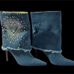 Dolls Kill Azalea Wang Esmeralda Denim Boots Sz 8.5 Rhinestone Heart Jean NWOT