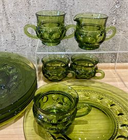 VTG Indiana Glass/Lancaster Colony Kings Crown Green Depression Glass Set of 10 Sugar Creamer Cups Plates