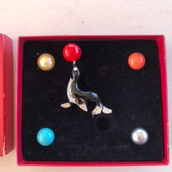 Kenneth Jay Lane Black Enamel Seal Pin Rhinestone