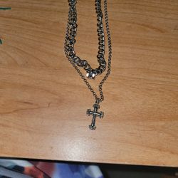 2 Chains In One 20 Inch Cuban Link 4mm Chain With 22 Inch Stainless Steel Cross Necklace 