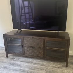 Dark Wood Media TV Stand with glass doors and Slatted Central Drawer
