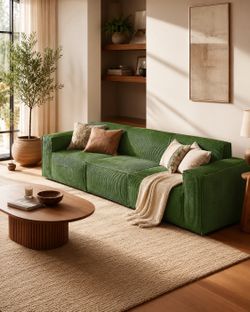 Sectional Couch, 111" Corduroy Cloud Couches with Deep Seats and High-Back Design, 3-Seater Sofa for Living Room, No Assembly Required, Green