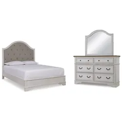 Brollyn Queen Upholstered Panel Bed with Mirrored Dresser Colossal Price Slash