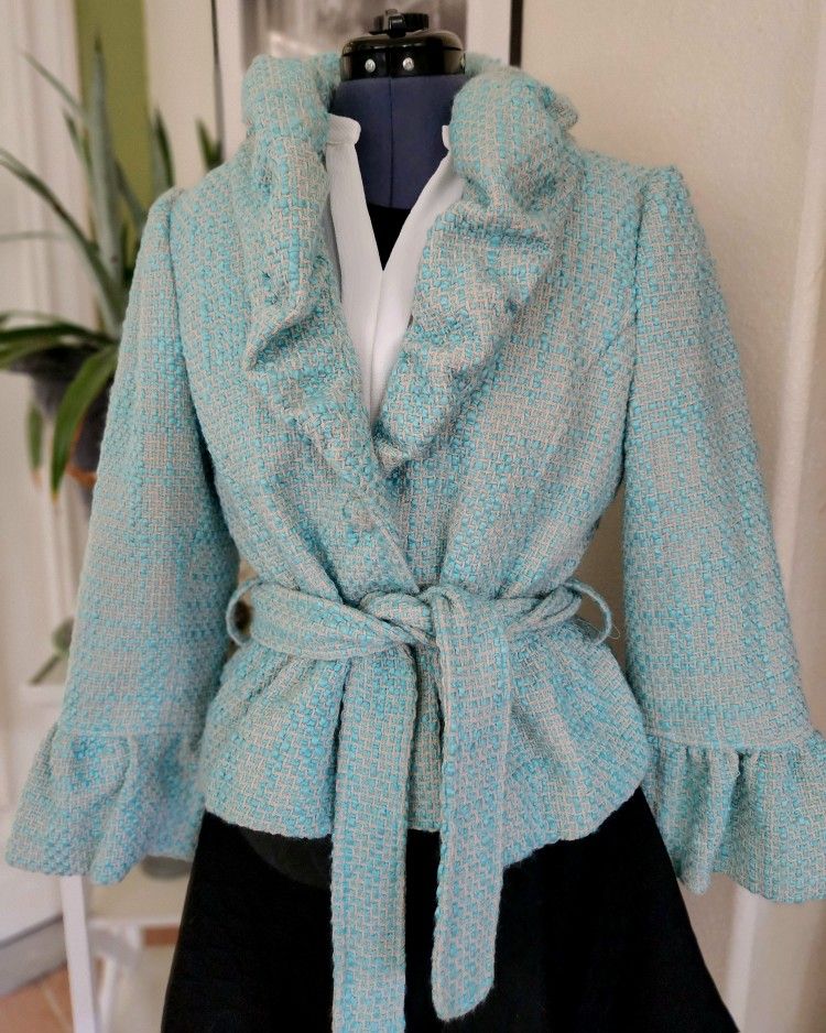Just REDUCED Gorgeous Arden B Aqua Tweed Belted Jacket Bell Sleeve Size L