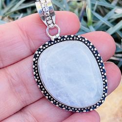 Natural Rainbow Moonstone Sterling Silver 2” Necklace Pendant