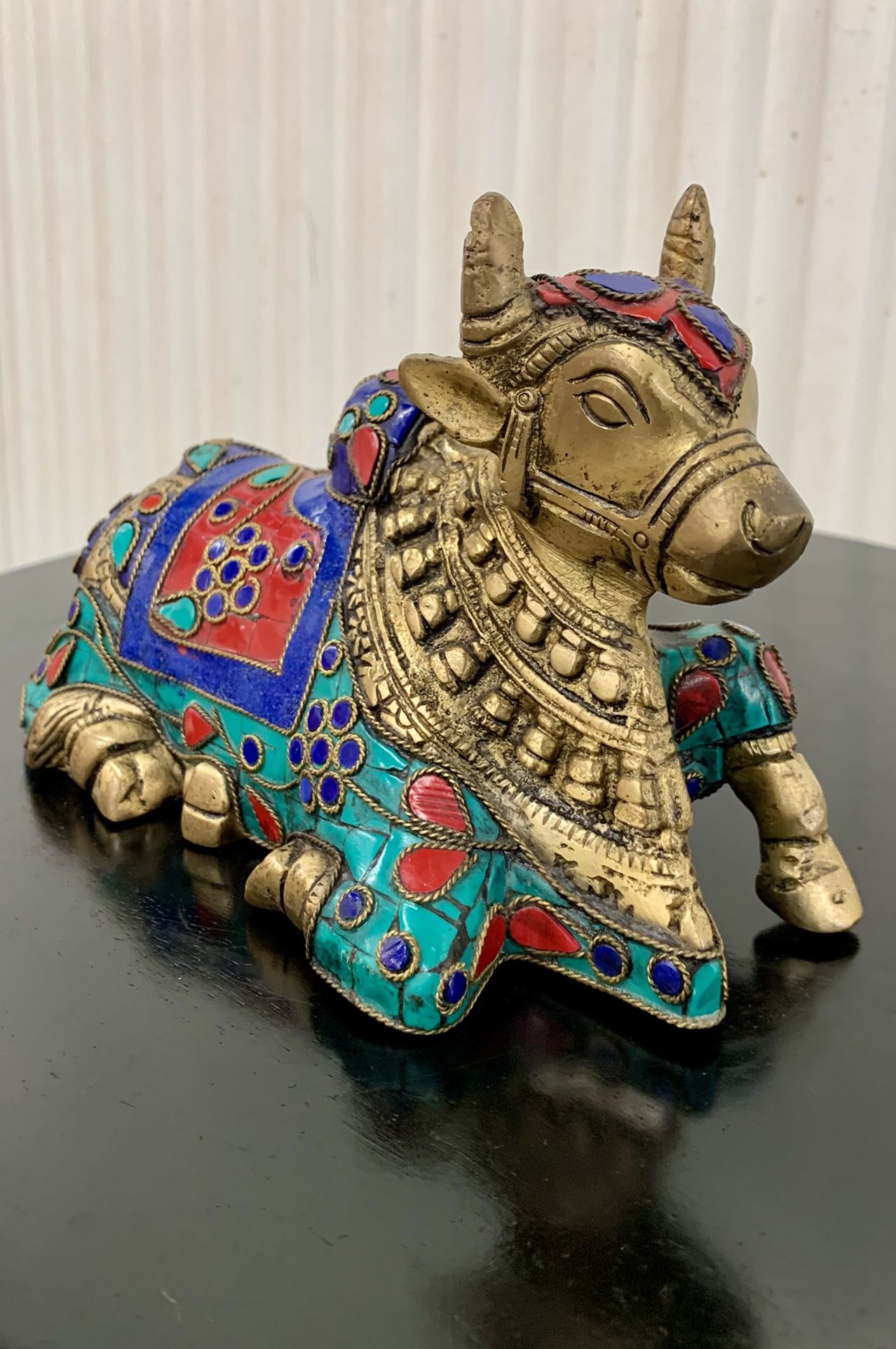 Vintage solid brass w/ stone inlay sacred bull of the Hindu god Shiva