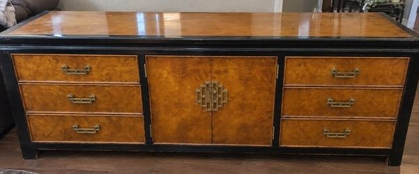 Asian-Style Burl Wood Dresser with Brass Hardware