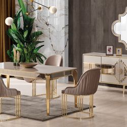 NEW GOLD DINING SET TABLE , 6 Chairs , Console & Mirror 