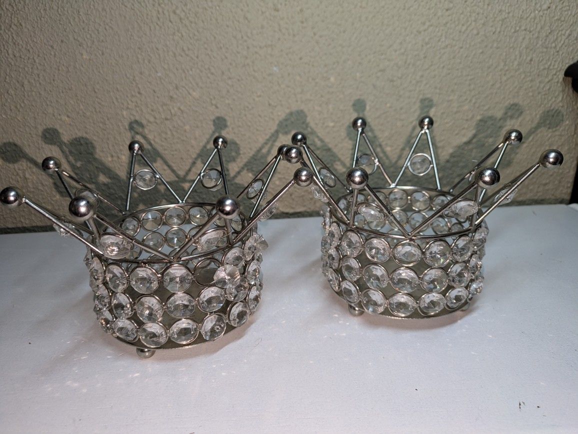 Vintage Silver Crown Candle Holder With Faux Crystal Rhinestone Bling
