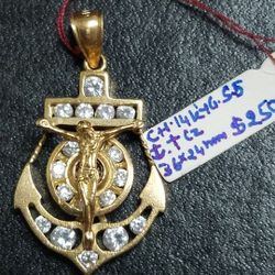 14k Yellow Gold Anchor & Crucifix With CZ 36x 24mm In Size