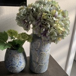 2 Beautiful Pieces Of Pottery In Blue, White And Green
