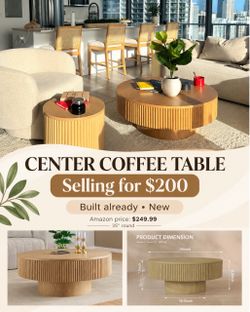 Round Wood Coffee Table with Fluted Base
