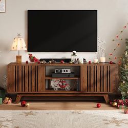  63-Inch TV Stand for TVs up to 75 Inch, Mid-Century Modern Television Stand with Power Outlet, Entertainment Center with Sliding Grille Door Cabinets
