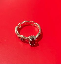 Silver Ring with Red Stone and Engraved Band