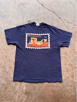 Vintage USPS Pharmacy Stamp Graphic T-Shirt Navy Blue Hanes Beefy-T USA Made Large 90s