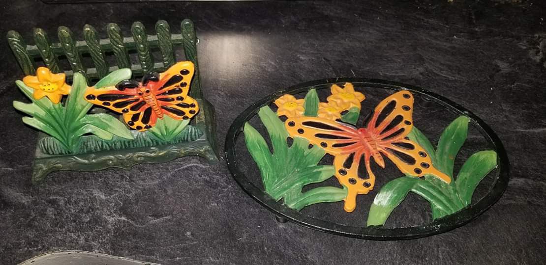 Cast Iron Butterfly Pot Holder And Napkin Holder set