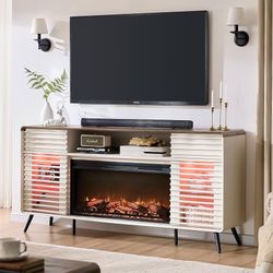 Fireplace TV Stand for 80 Inch TV, Mid Century Modern Entertainment Center with 36" Electric Fireplace & Led Lights, Wood Media Console w/Slatted  36"