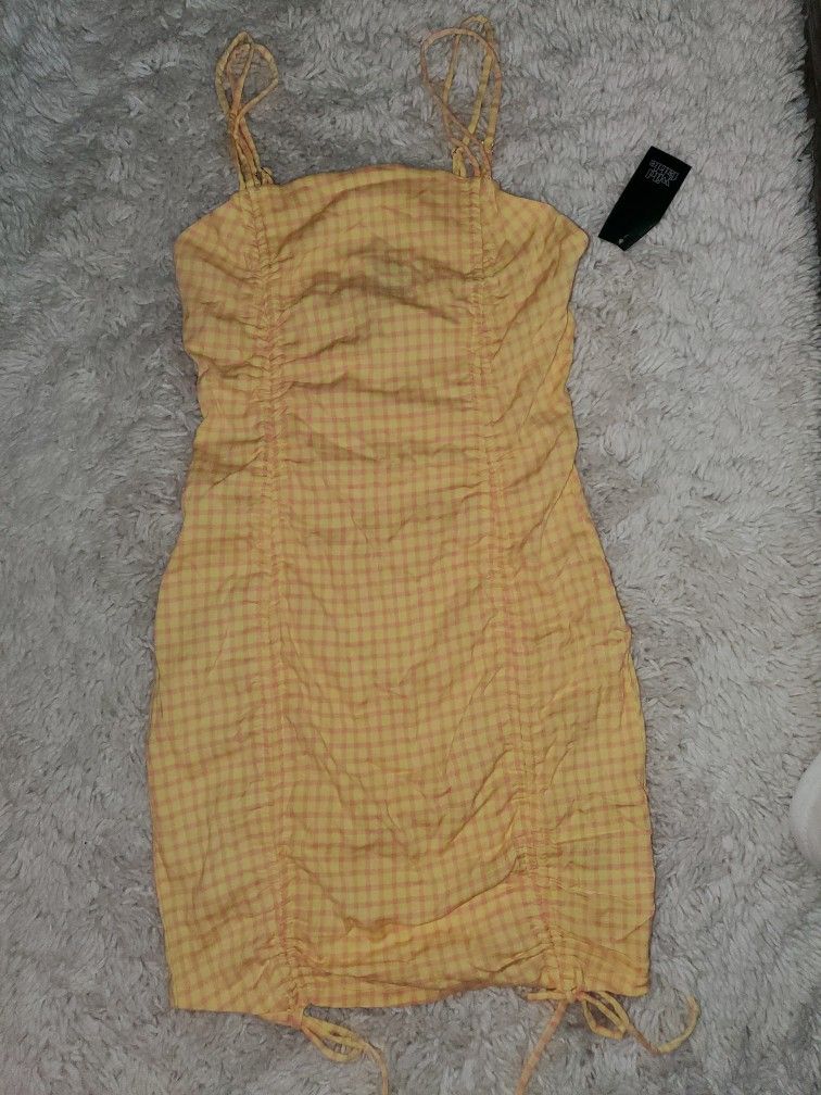 NWT Target Yellow/pink Gingham Sundress W/side Rouching Ties Sz S