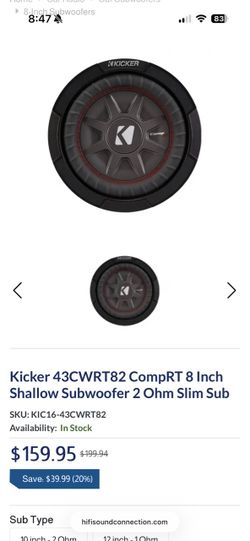 Kicker CompRT 8-Inch Shallow Subwoofer 2 Ohm