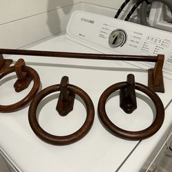 Round wooden hand towel hangers for bathroom (3) and one (1) bath towel hanger. Perfect condition $10 each or all for $30.