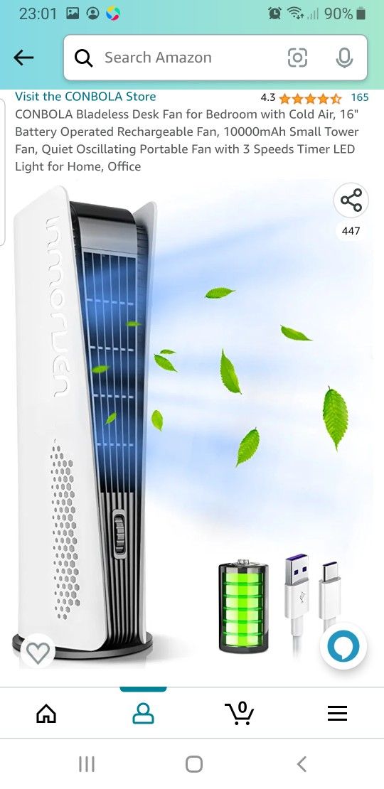 CONBOLA Bladeless Desk Fan for Bedroom with Cold Air, 16" Battery Operated Rechargeable Fan, 10000mAh Small Tower Fan, Quiet Oscillating Portable Fan