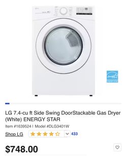 LG 7.4-cu ft Side Swing DoorStackable Gas Dryer (White) ENERGY STAR