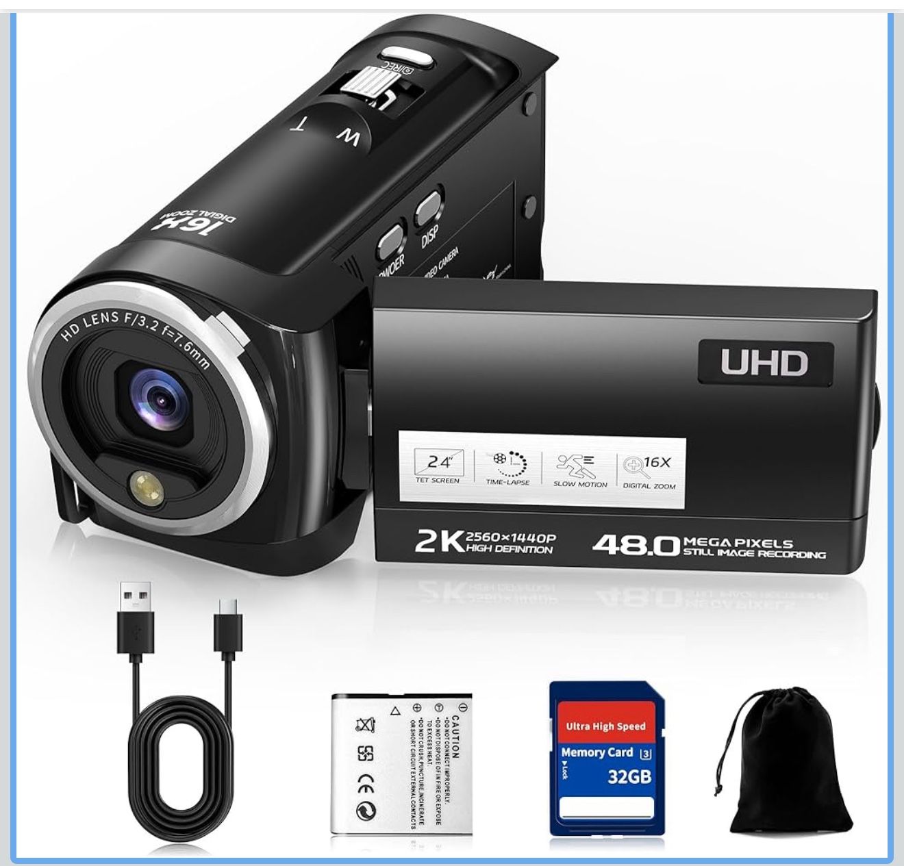 Camcorder, 48MP Video Camera, 16X Digital Zoom Vlogging Camera with LED Fill Light for YouTube, 3 Inch 270 Degree Rotation LCD Screen Camcorder with 3