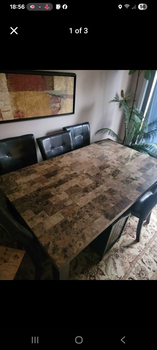 Raymour And Flanigan Marvel Top Dining Table & 6 Leather Chairs
