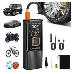 Brand: Lazyshine Tire Inflator Portable Air Compressor - Air Pump for Car Tires Dual Mode 9000mAh & 12V DC, 150PSI Electric Bike Tire Pump with Pressu