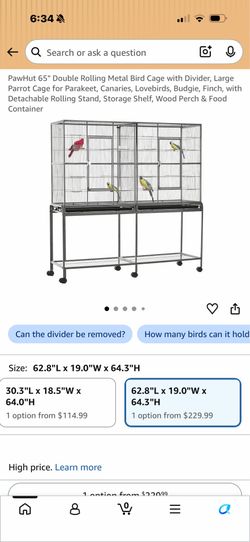 PawHut 65" Double Rolling Metal Bird Cage with Divider, Large Parrot Cage for Parakeet, Canaries, Lovebirds, Budgie, Finch, with Detachable Rolling St