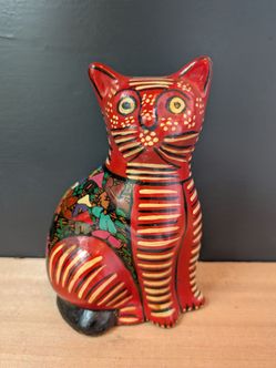Vintage Red Mexican Folk Art Pottery Hand Painted Cat