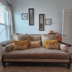 Tan Couch & Big  Chair With Leaf Engraving  & Leaf Design Side Table