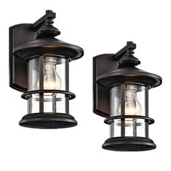 New set of 2 outdoor wall mounted light fixtures with seeded glass shades in bronze
