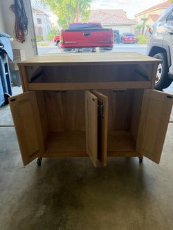 Multi use extended table and cabinet with wheels, real hardwood,