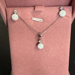Solid Sterling Silver 925 White Opal Earrings N Pendant Set