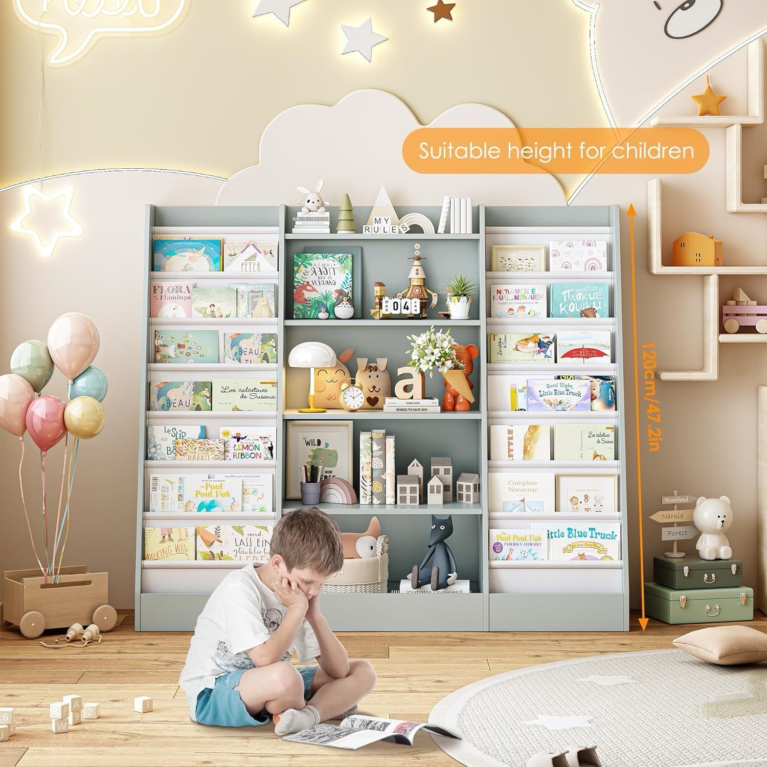 Kids Bookshelf Childrens Bookcase with 14 Sling Fabric Shelves, Book and Toy GREY COLOR Organizer, Book Shelf Kids Room Nursery 129.5x35x1