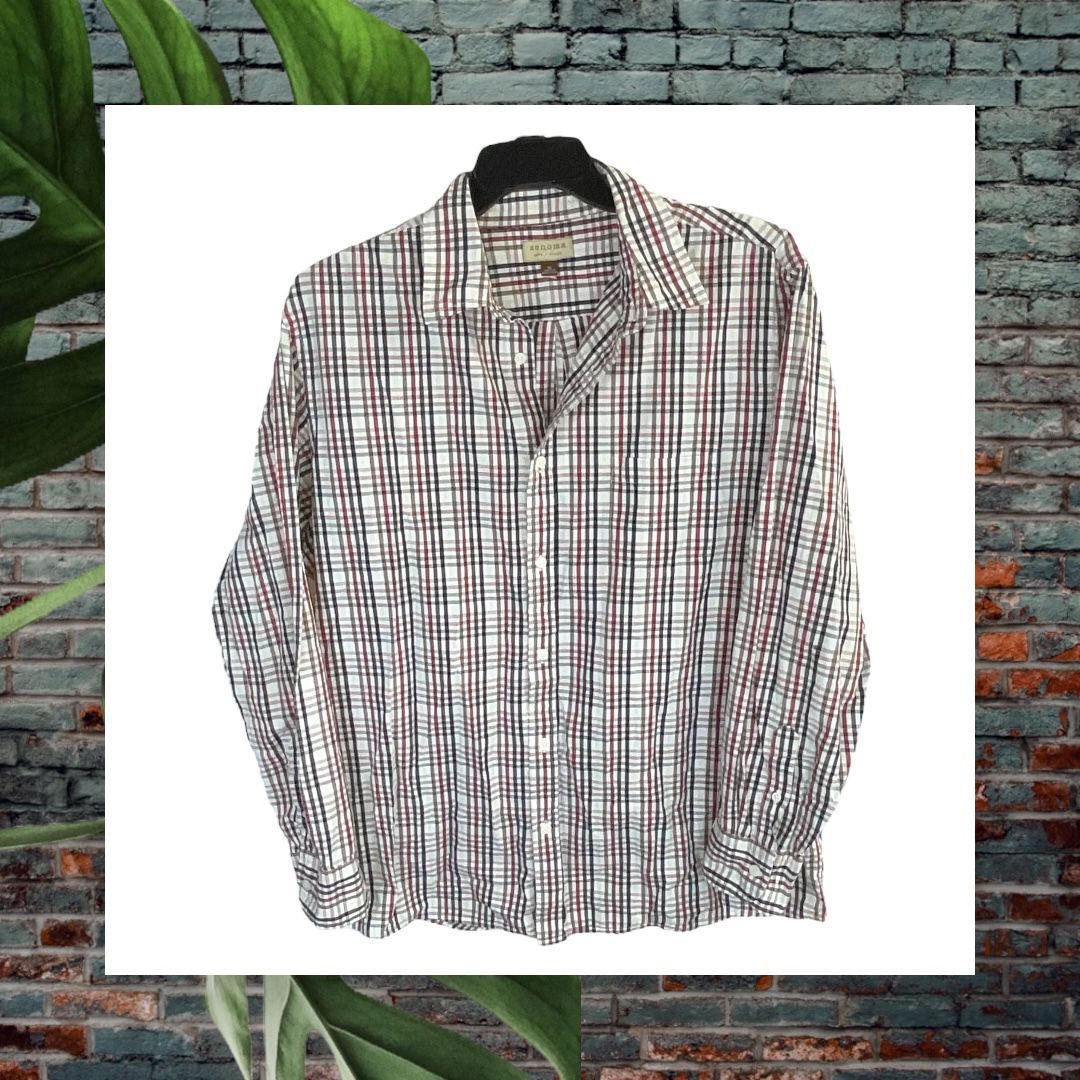 Sonoma Life Style White, Red, Brown, Black Stripe Plaid Button L/S Shirt Men XL