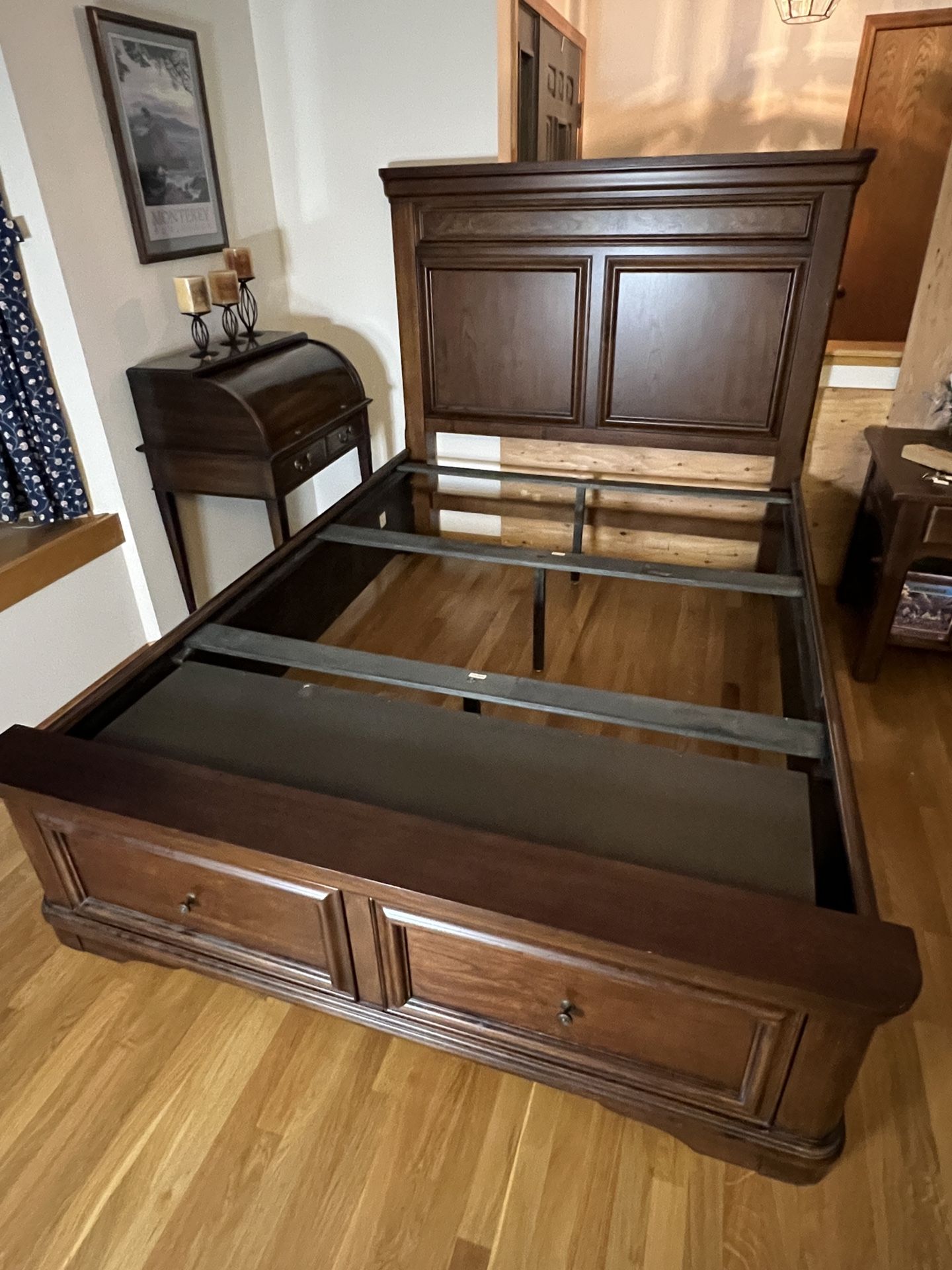 Solid Wood Queen Bed Frame with 2 Storage Drawers, Excellent Condition
