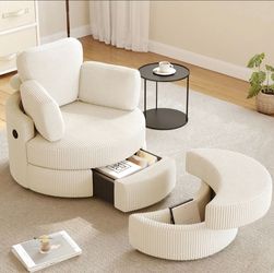 Swivel Accent Chair With Half Moon Ottoman, Round Chairs With Drawer Storage For Living Room, 360° Barrel Chair With Usb Charging Port (White Corduroy
