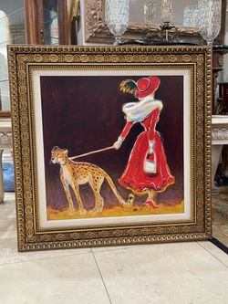 Beautiful Signed Karen Dupré Painting Woman with Cheetah Decorative Golden wood Frame🌷