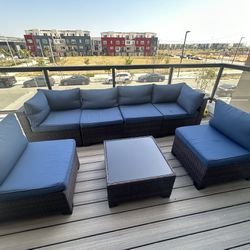 7 Piece Outdoor Navy Blue Furniture Set With Glass Table 