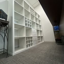 Large IKEA KALLAX 25-Shelf Unit with Wine Rack & Drawer Inserts – White