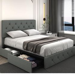 Queen Size Bed Frame Platform with 4 Storage Drawers, Adjustable Tufted Button Leathaire Headboard, No Need for a Box Spring, Wood Slat Support, Easy 