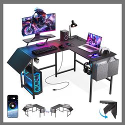 VidaTeco L Shaped Gaming Desk With Desk Extender, LED Lights, power outlets, USB, and more