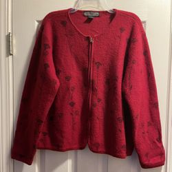 Herman Geist Cardigan Womens Large Red Floral 100%Wool Sweater Full Zip Stretch Smoke Free Like New