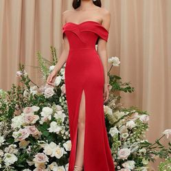 Red Solid Off Shoulder Split Thigh Dress