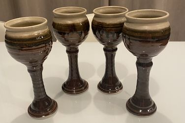 Glazed Pottery Wine Water Goblets 8 1/2” Tall. 