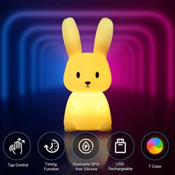 Cute Bunny Night Light for Kids Room, Portable Silicone Animal Toddler Night Lights Kawaii Room Decor Squishy Nursery Lamp ,Color Changing Tap Control