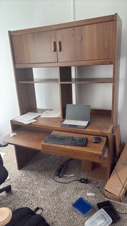 Wood. Desk and storage shelve