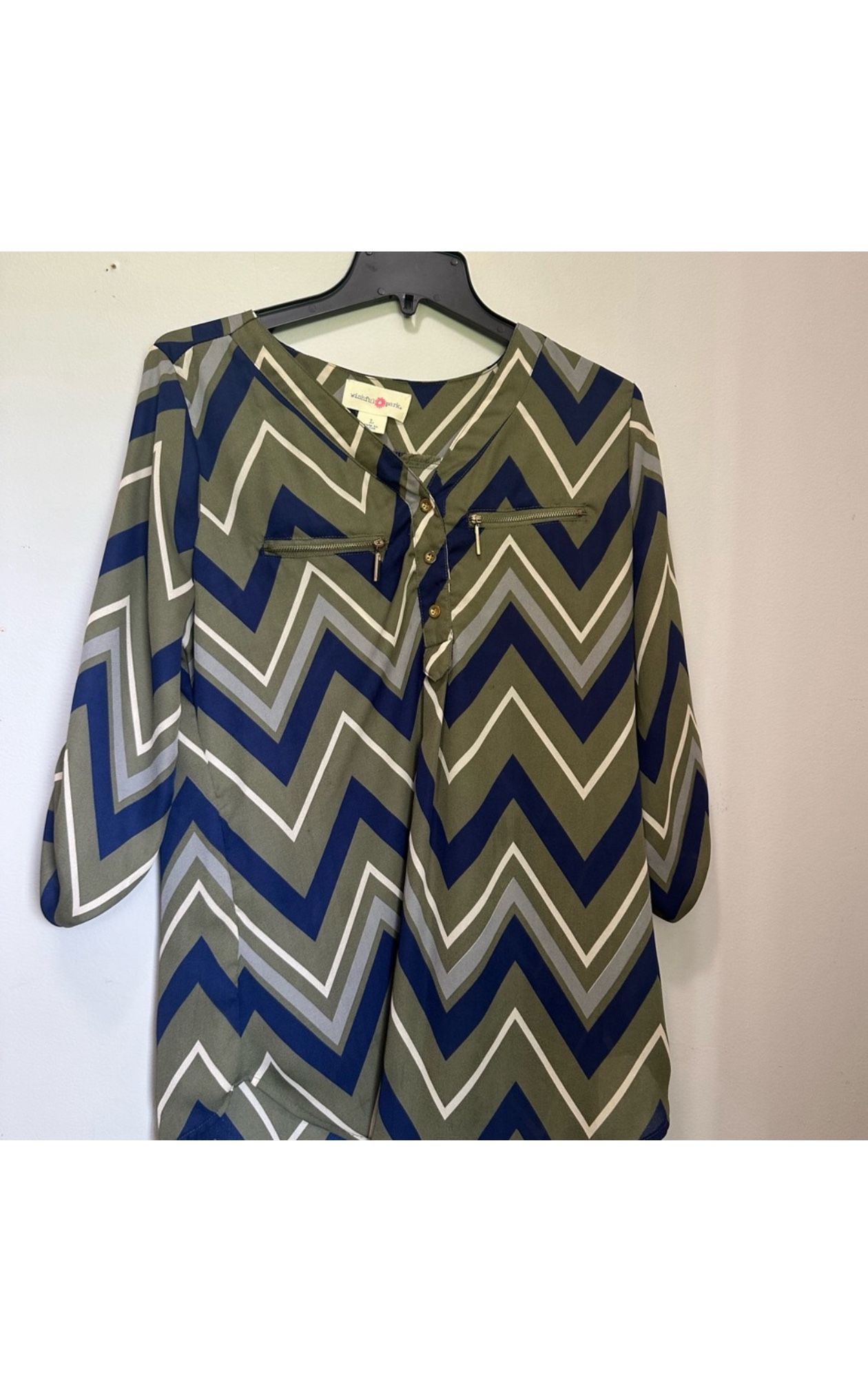 Women’s Wishful Park Blue and Green Tie Front Blouse with Mandarin Collar